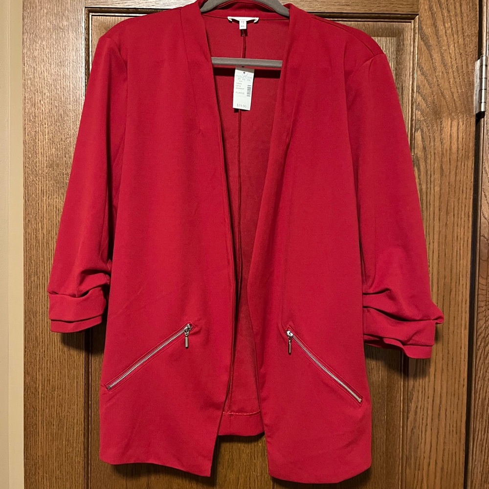 Red Open Front Blazer with Zipper Pockets
